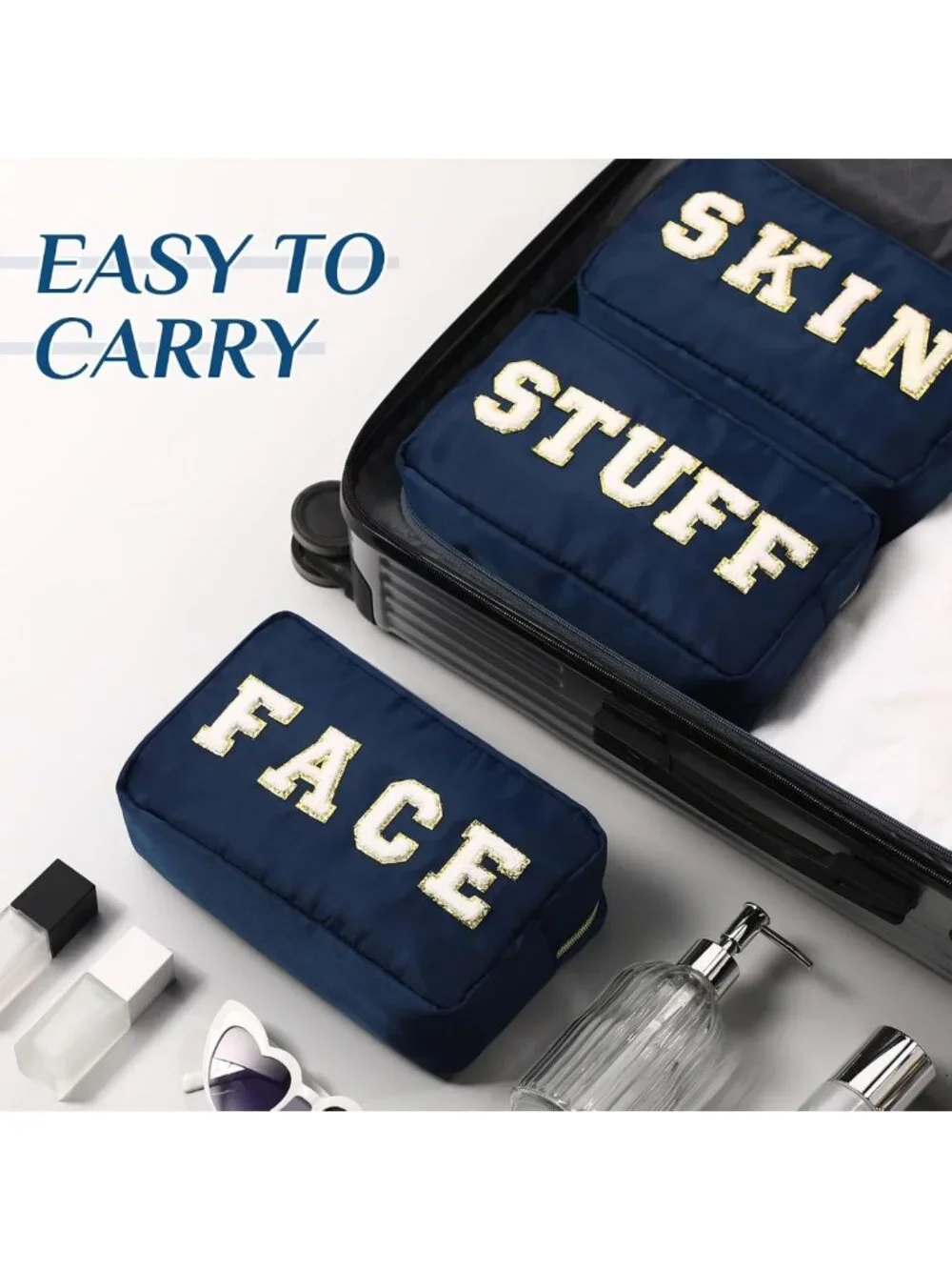 Chic Chenille Makeup Bags Set - Nylon Cosmetic Pouches with Zipper for Travel
